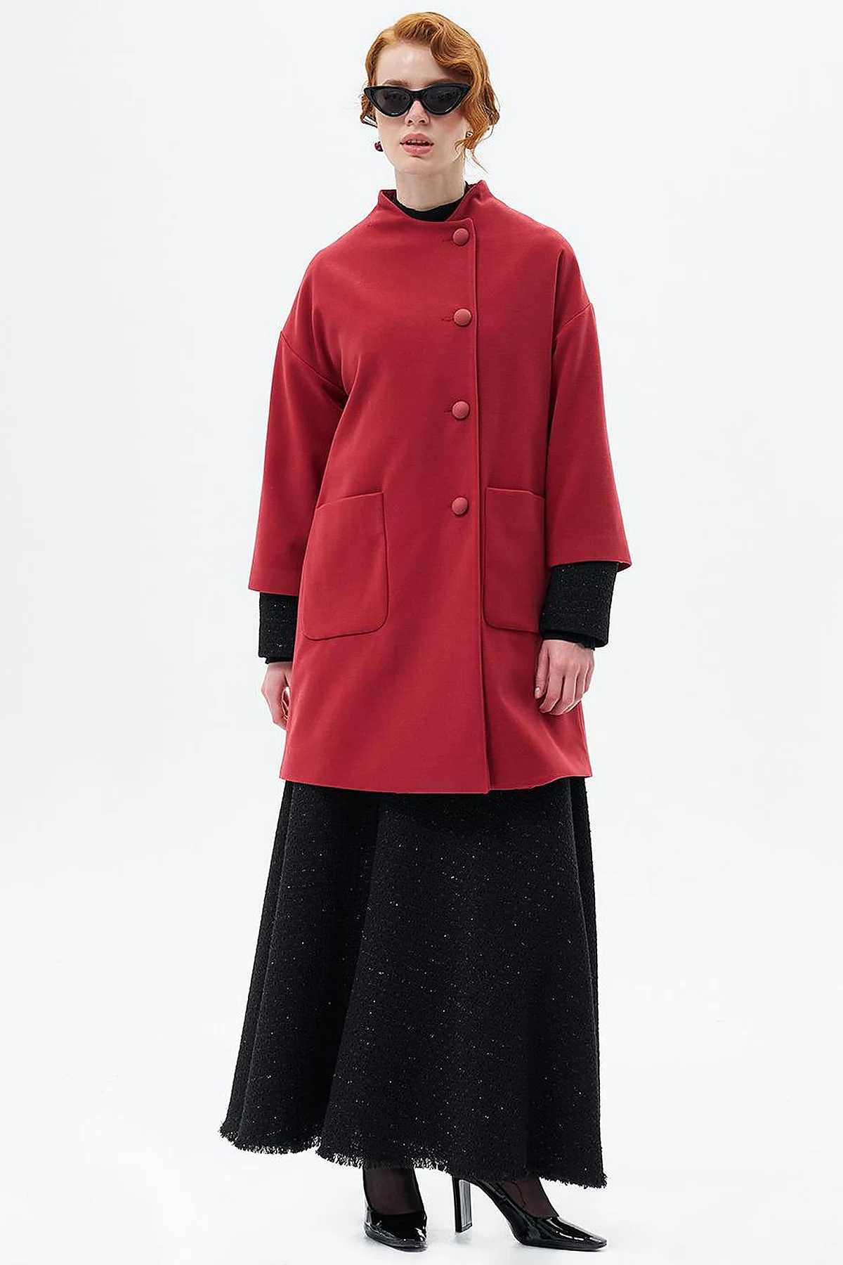 Three Quarter Sleeve Cashmere Coat Pomegranate Flower