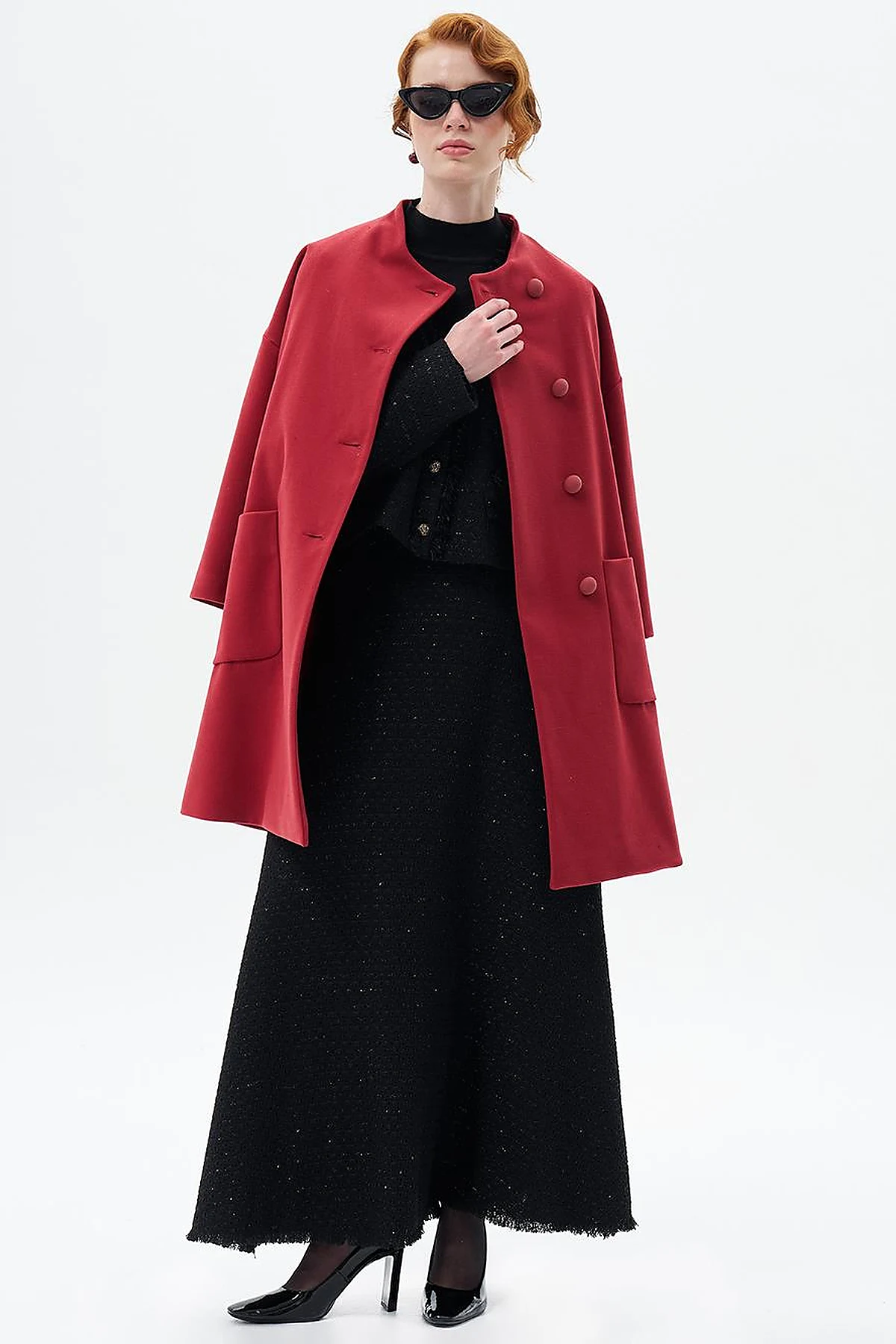 Three Quarter Sleeve Cashmere Coat Pomegranate Flower