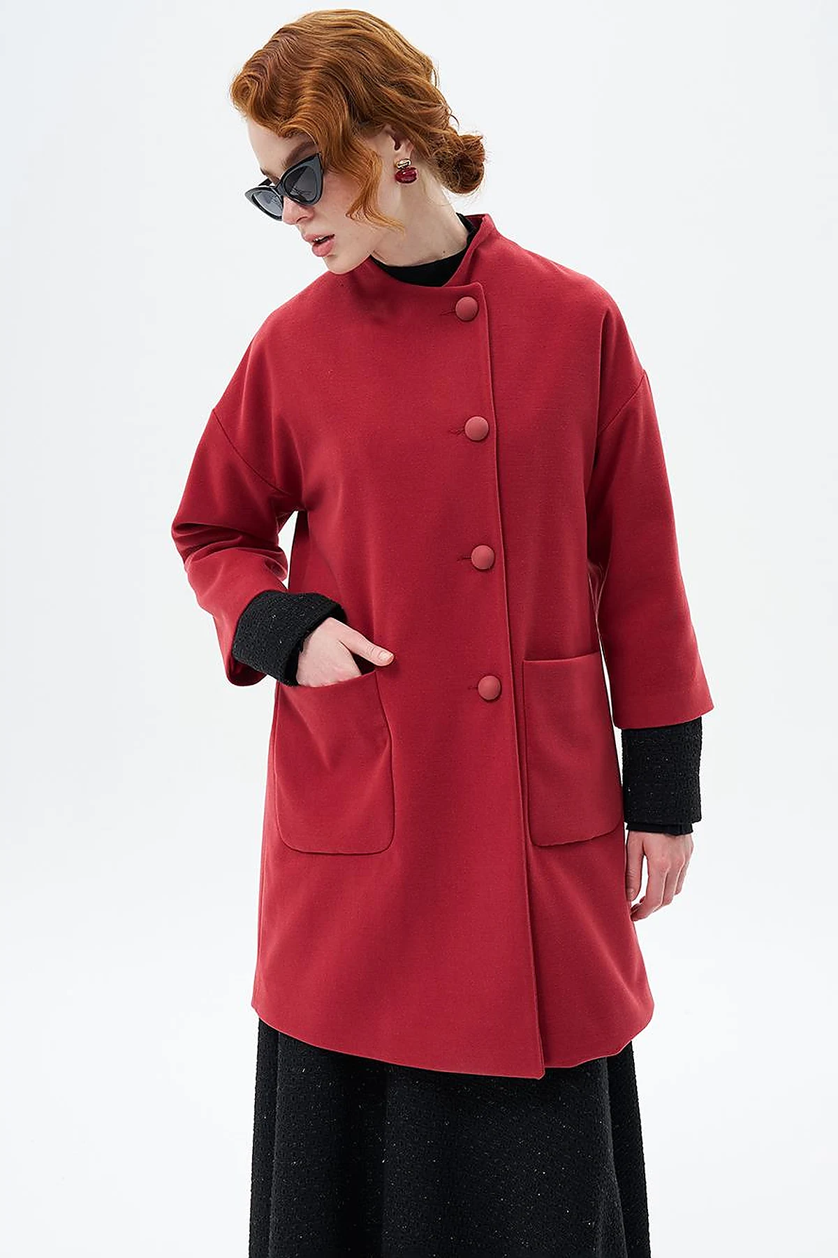 Three Quarter Sleeve Cashmere Coat Pomegranate Flower