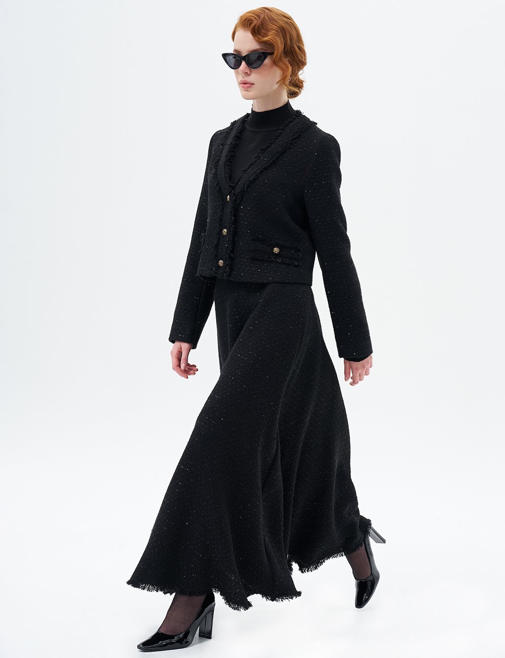 Jacket Skirt Double Tweed Suit Black