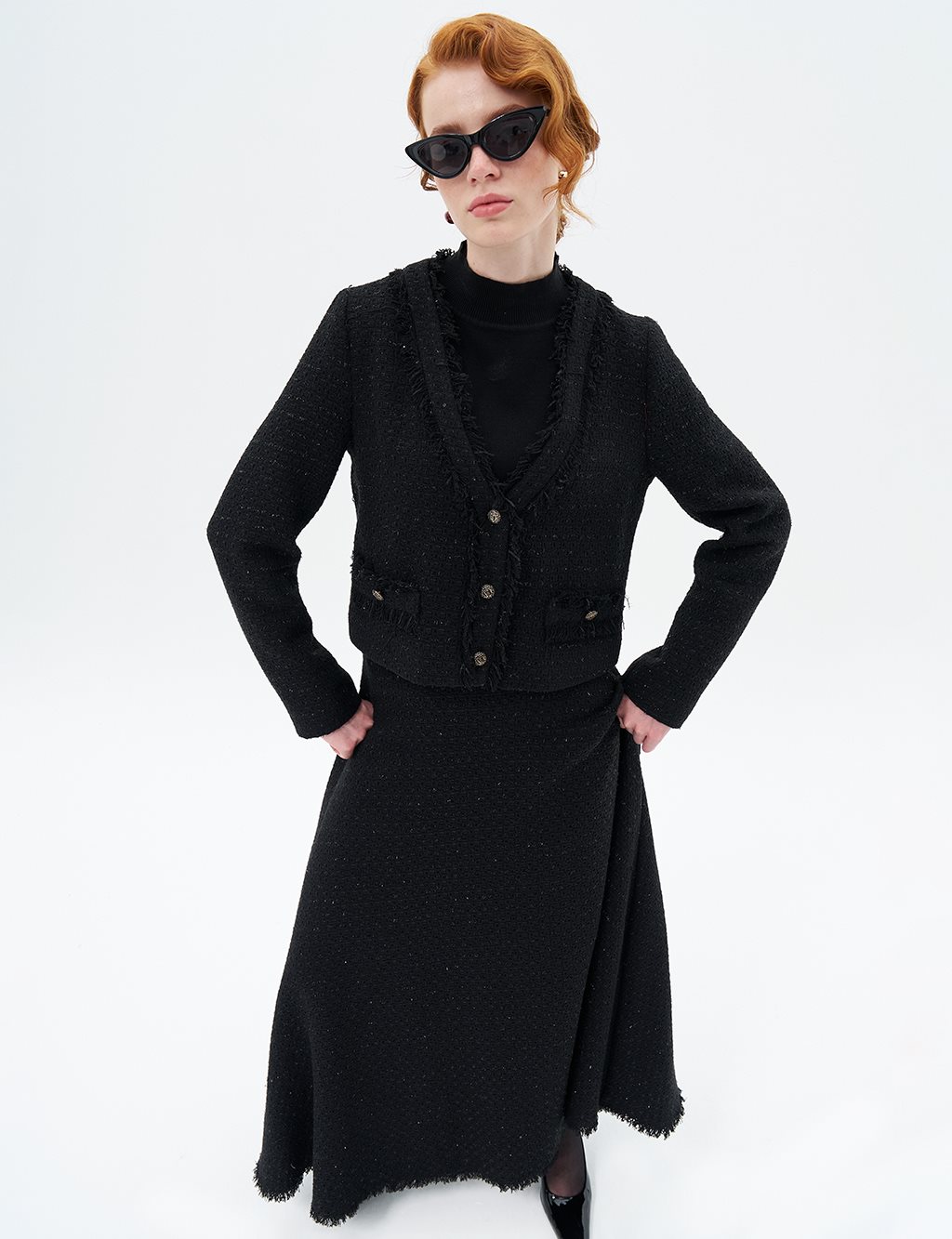 Jacket Skirt Double Tweed Suit Black