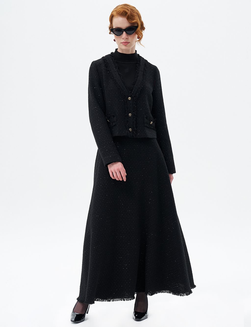 Jacket Skirt Double Tweed Suit Black