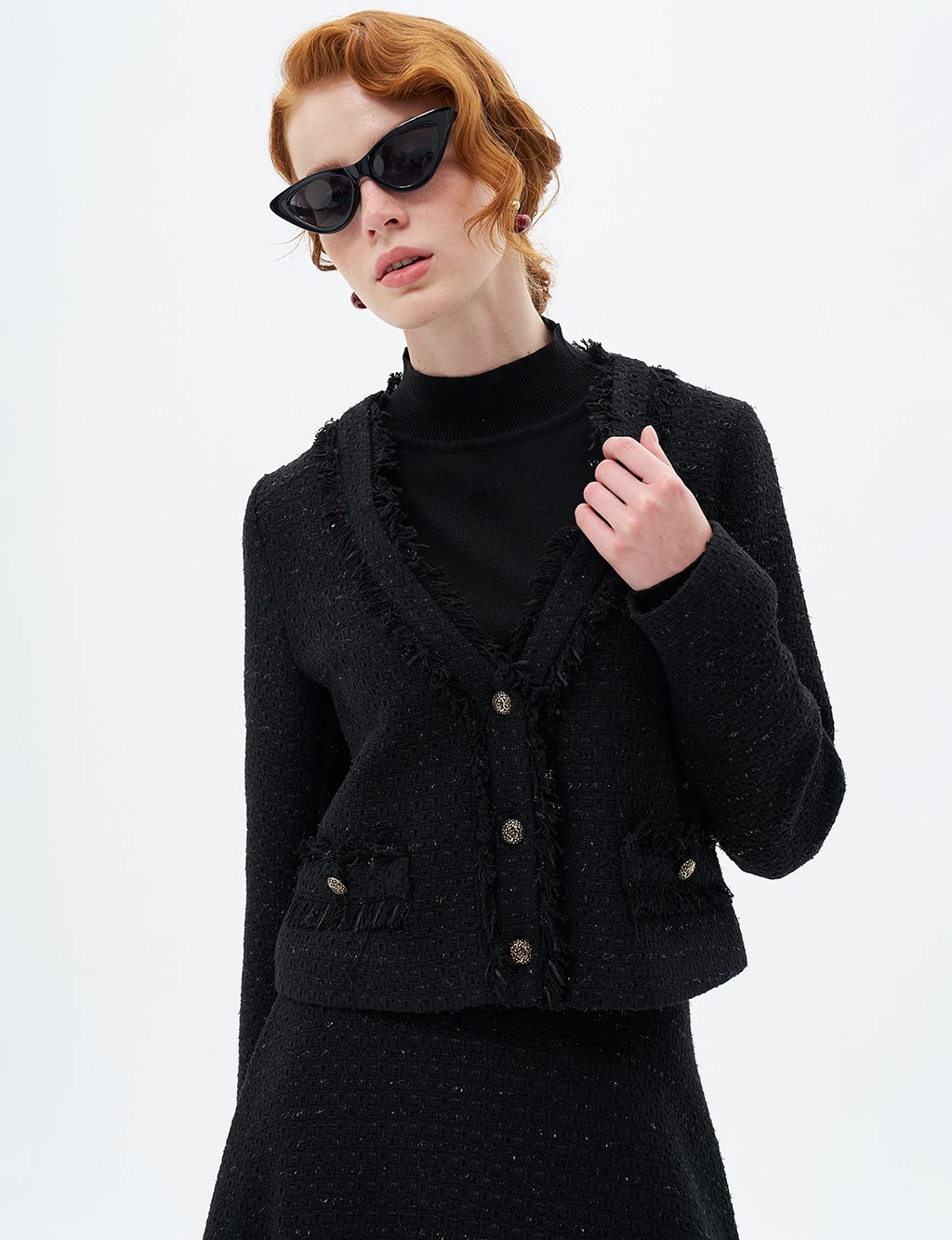 Jacket Skirt Double Tweed Suit Black