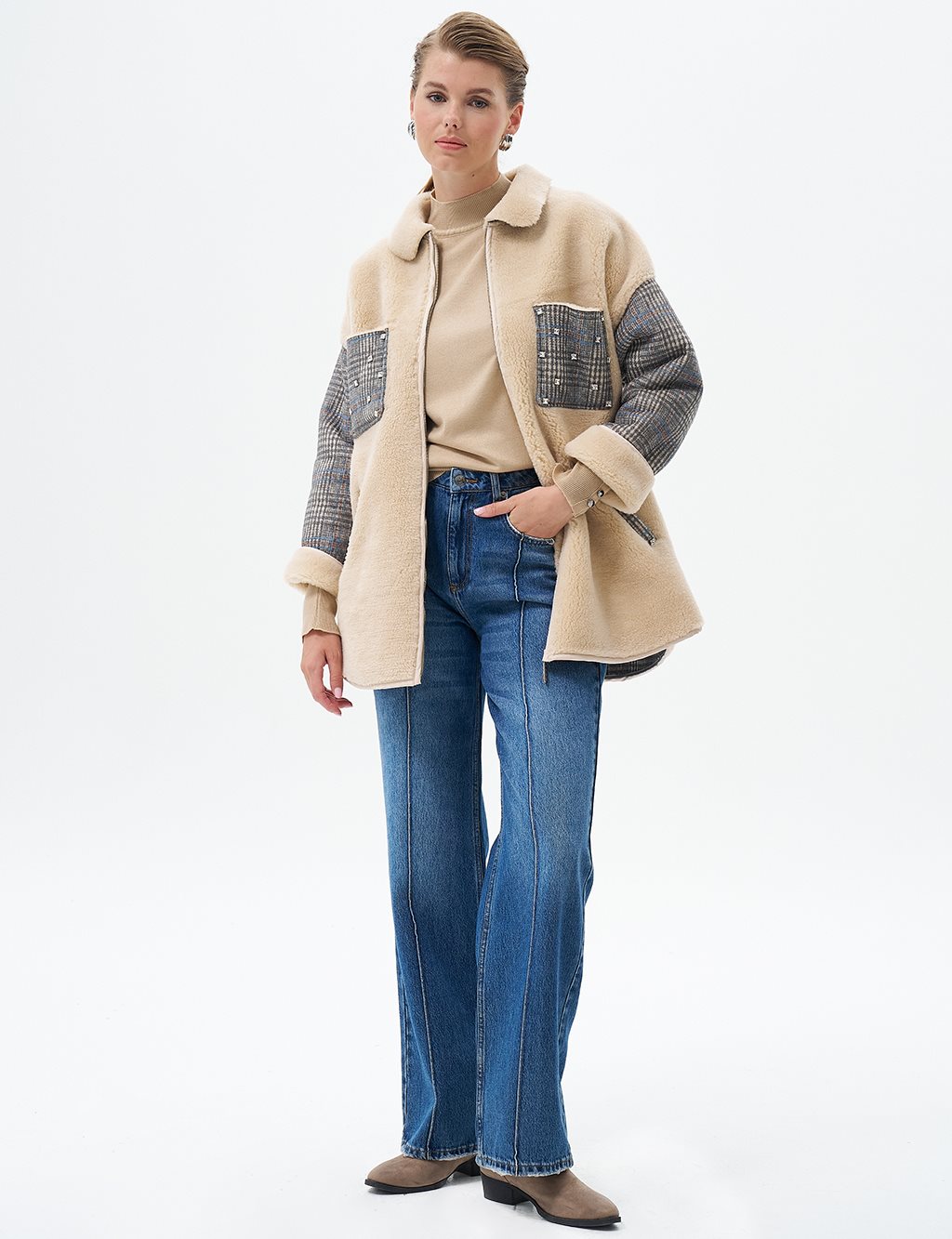 Plush Coat with Stone Pockets Black Cream