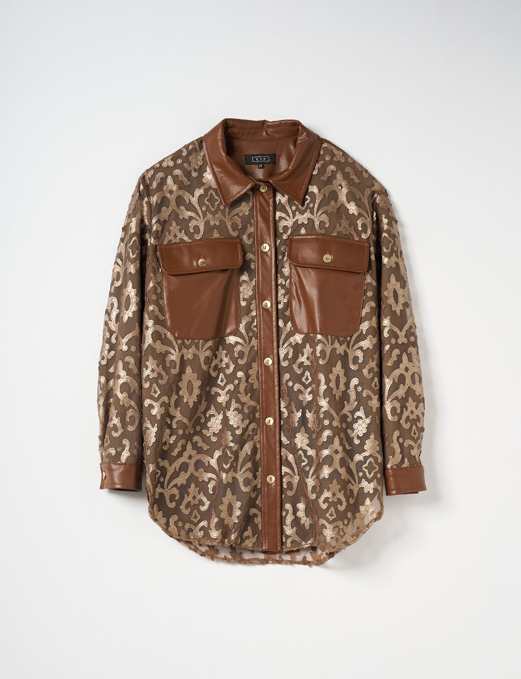 Leather Garnished Patterned Shirt Gold