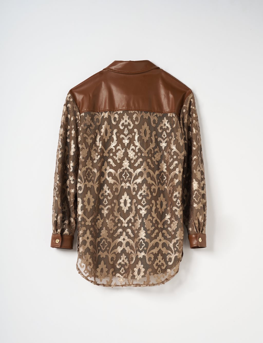 Leather Garnished Patterned Shirt Gold