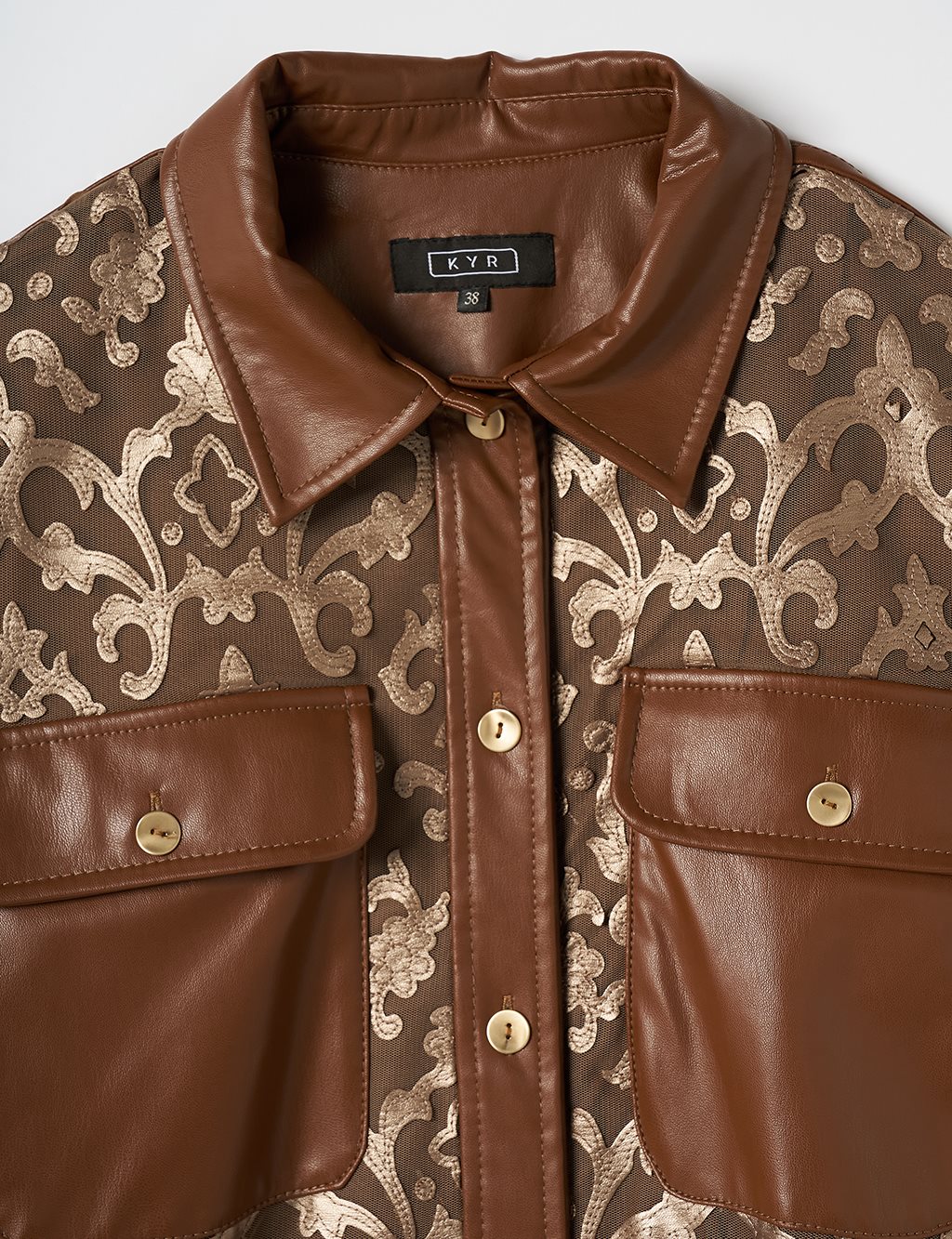 Leather Garnished Patterned Shirt Gold