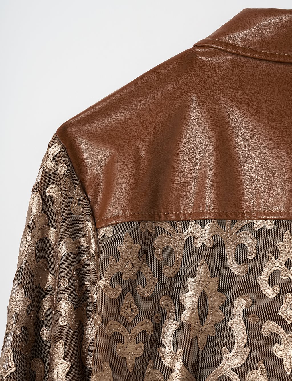 Leather Garnished Patterned Shirt Gold