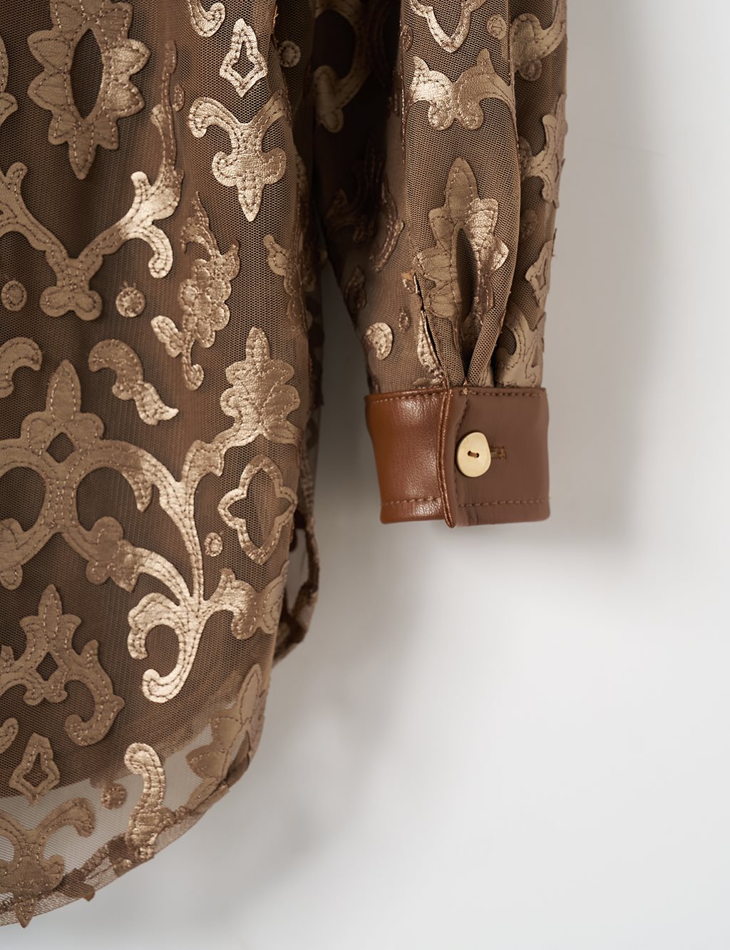 Leather Garnished Patterned Shirt Gold