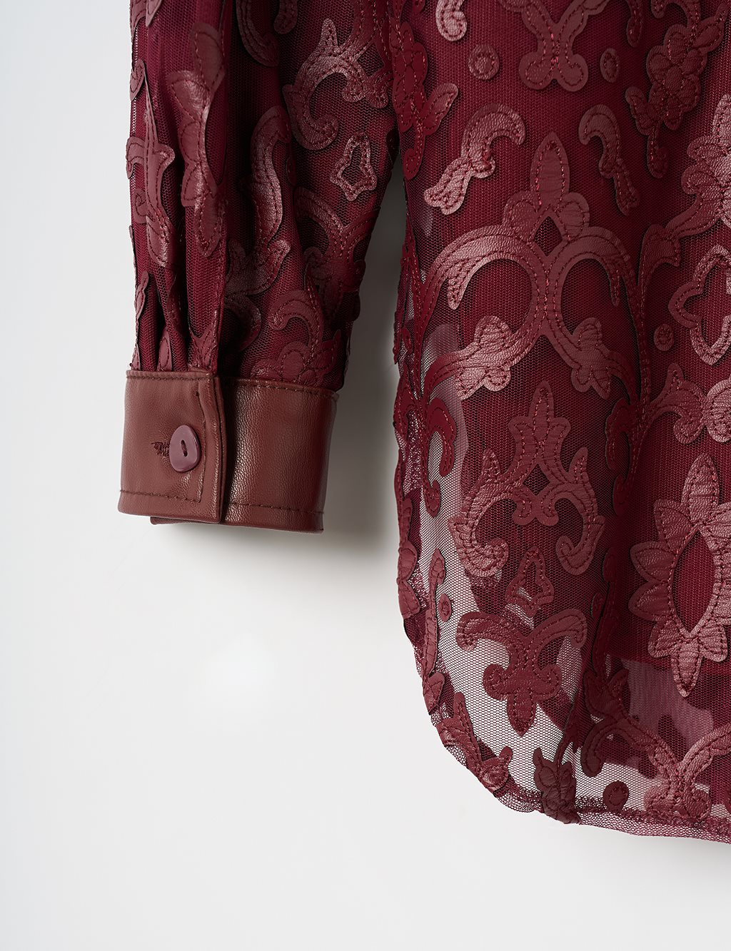 Leather Garnished Patterned Shirt Claret Red