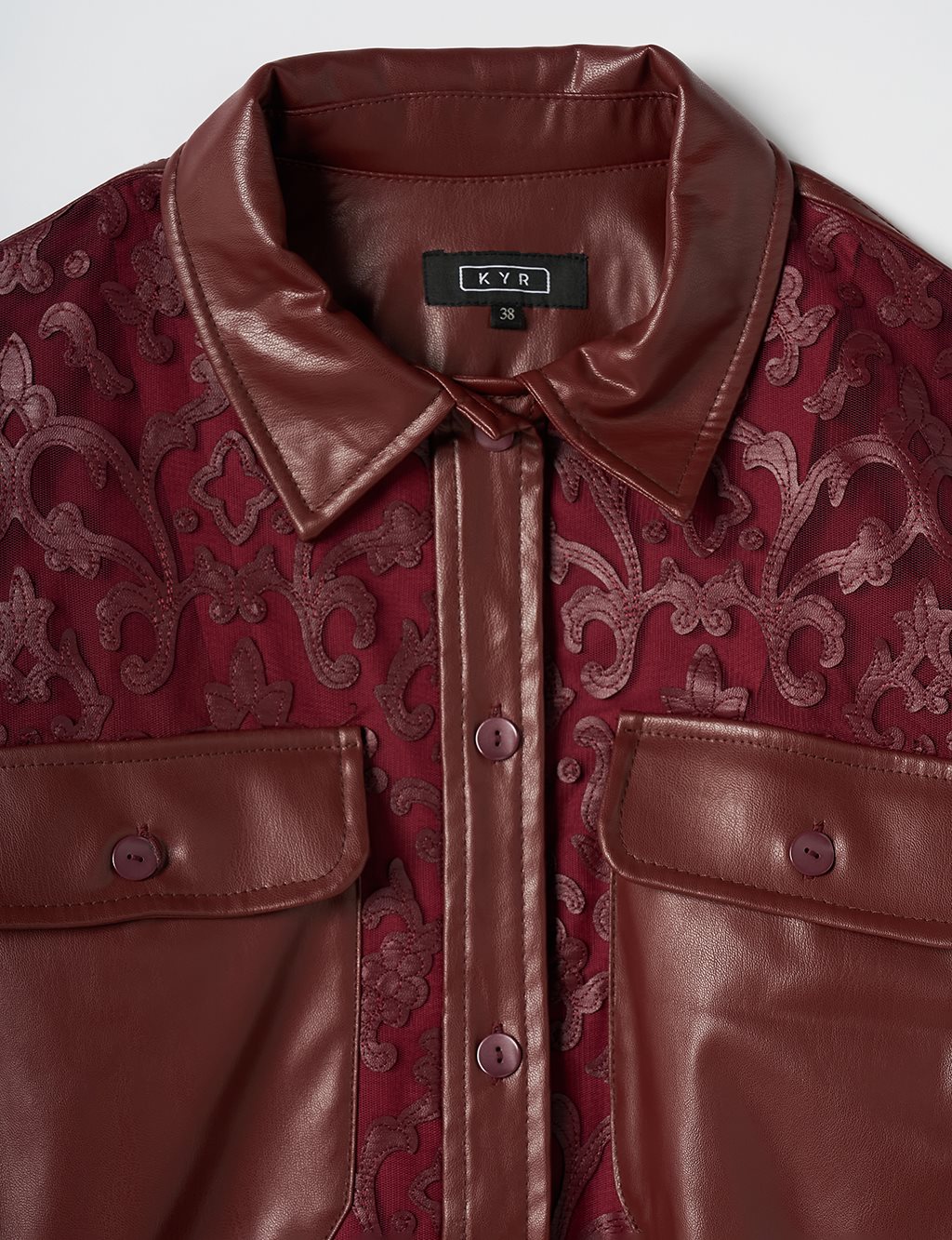 Leather Garnished Patterned Shirt Claret Red