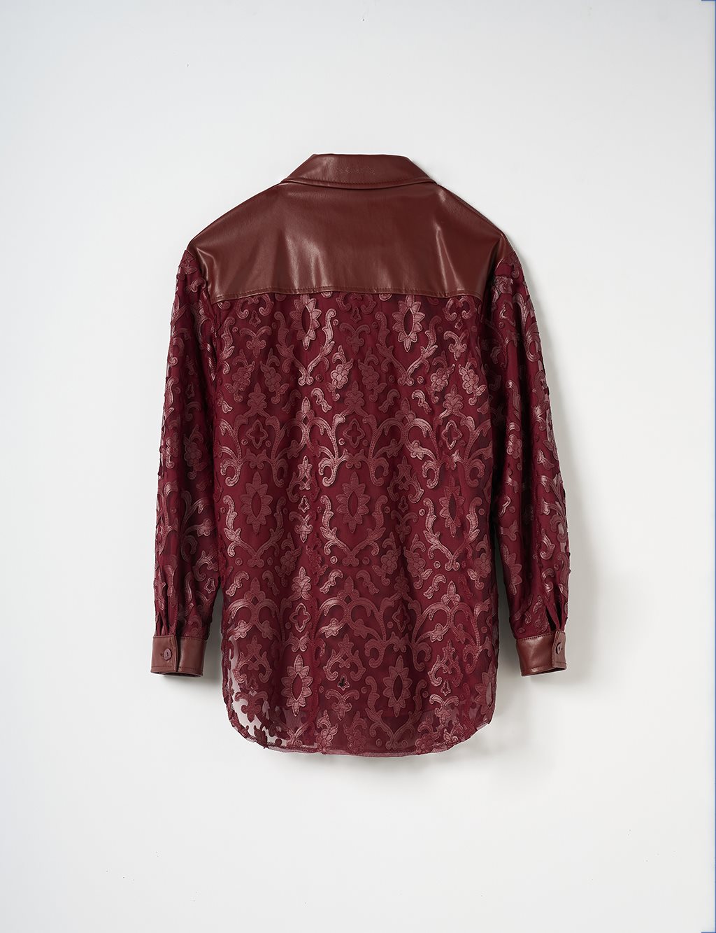 Leather Garnished Patterned Shirt Claret Red