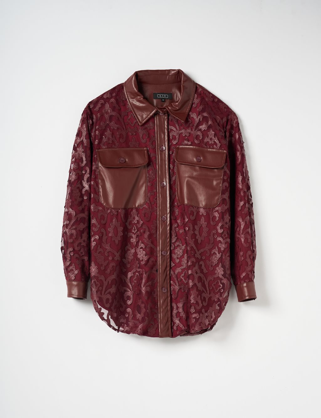 Leather Garnished Patterned Shirt Claret Red