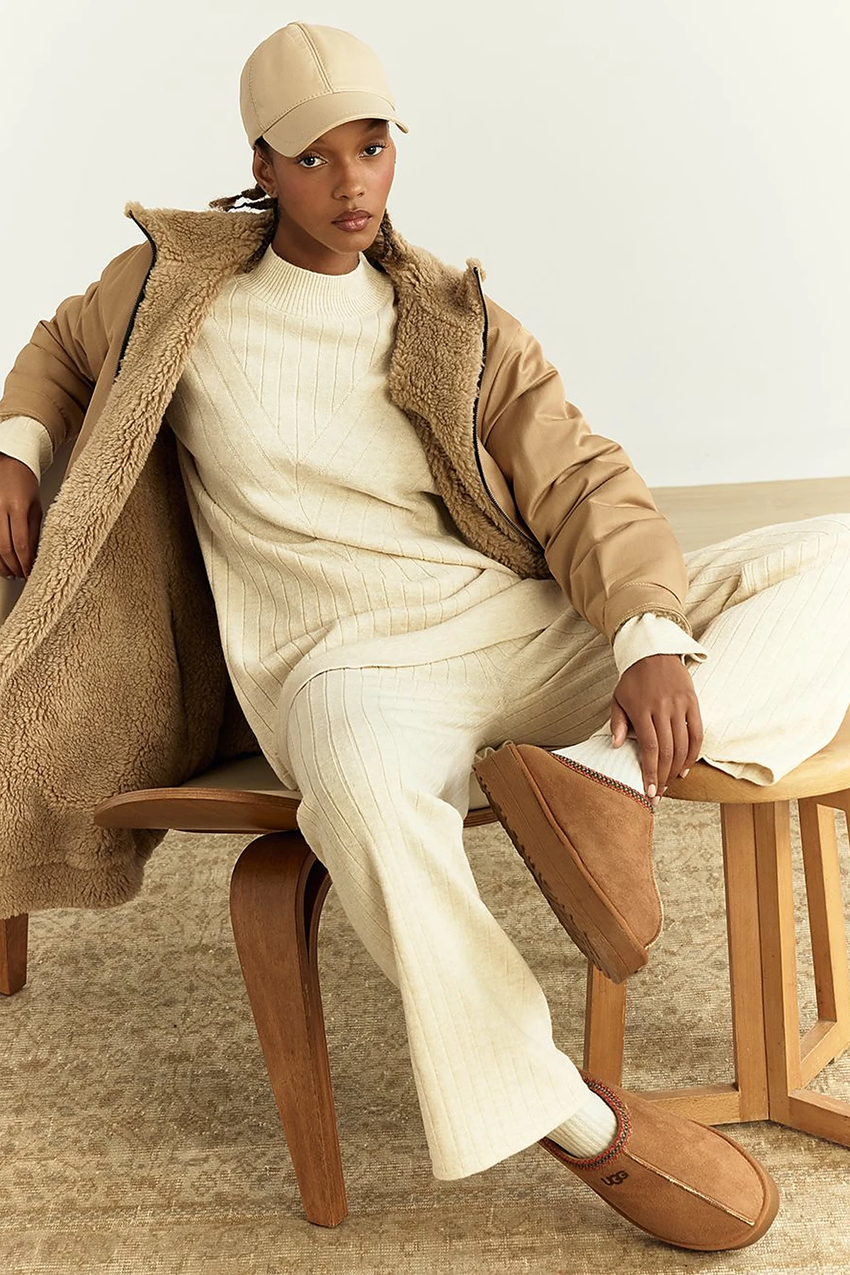 Reversible Faux Fur Coat in Beige