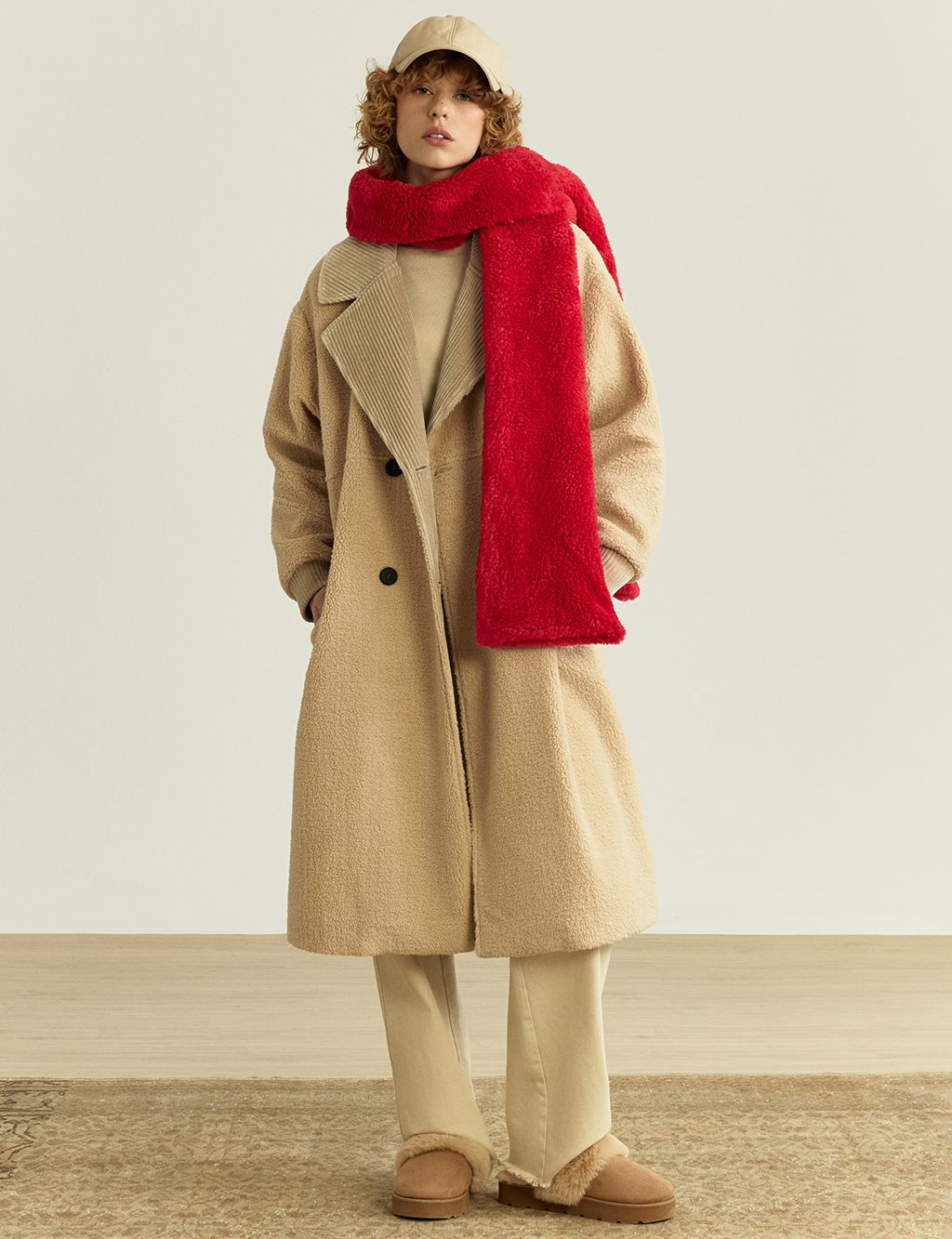 Velvet Garnished Plush Coat Cream