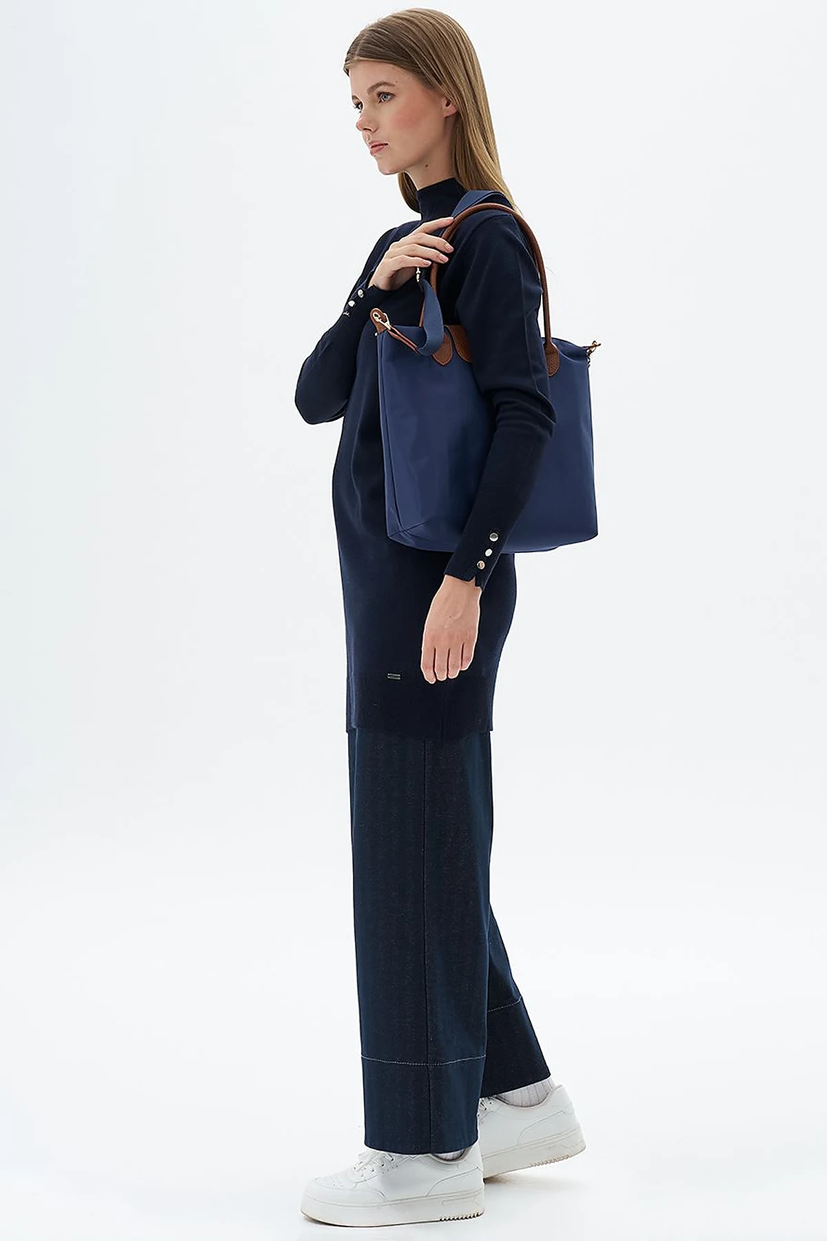 Turtleneck Basic Viscose Knit Tunic Navy Blue