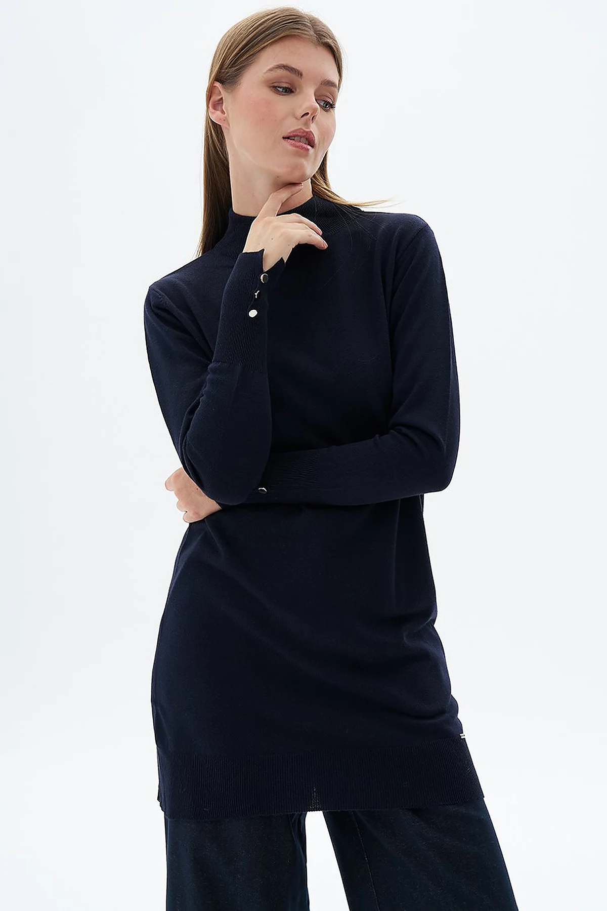 Turtleneck Basic Viscose Knit Tunic Navy Blue