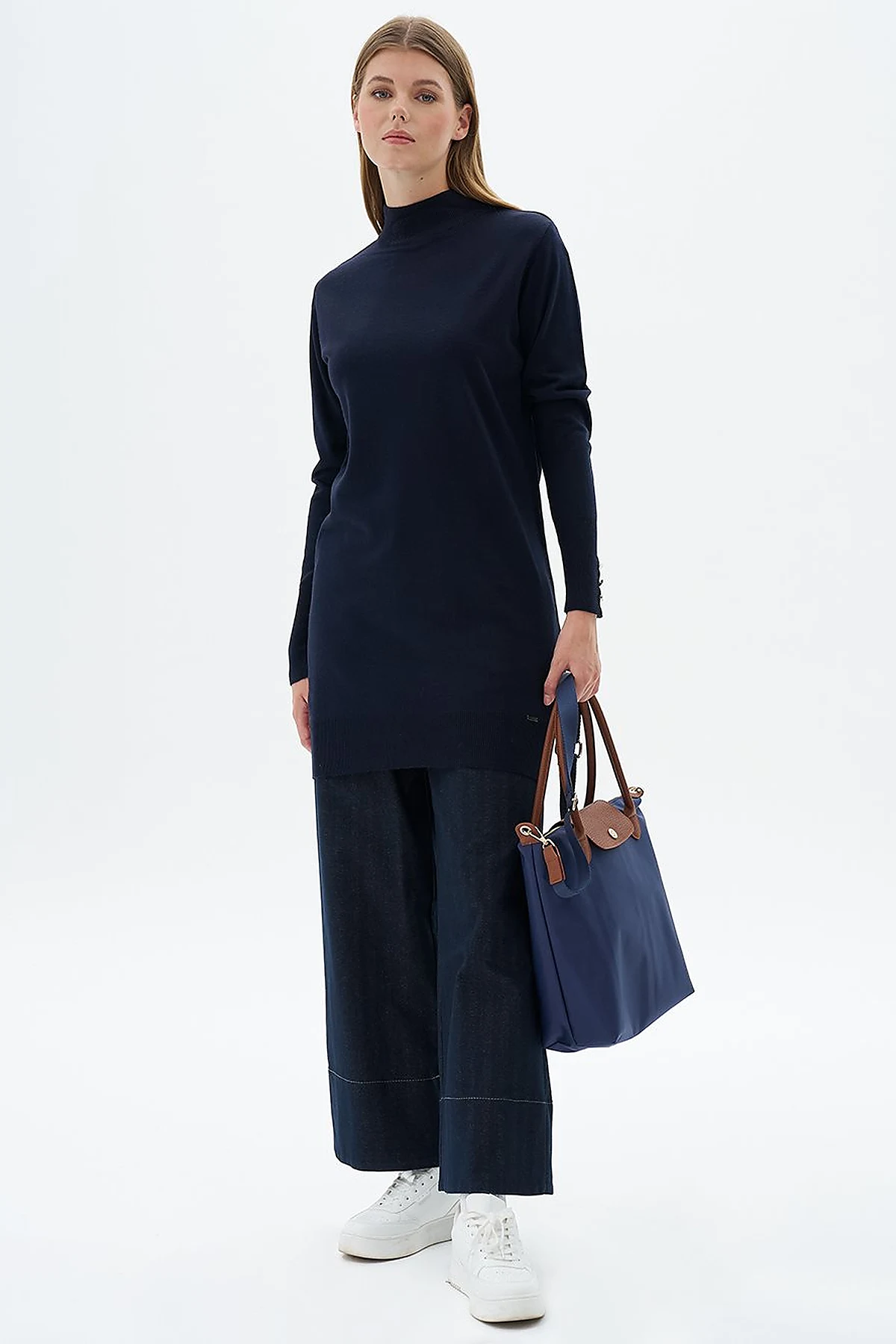 Turtleneck Basic Viscose Knit Tunic Navy Blue