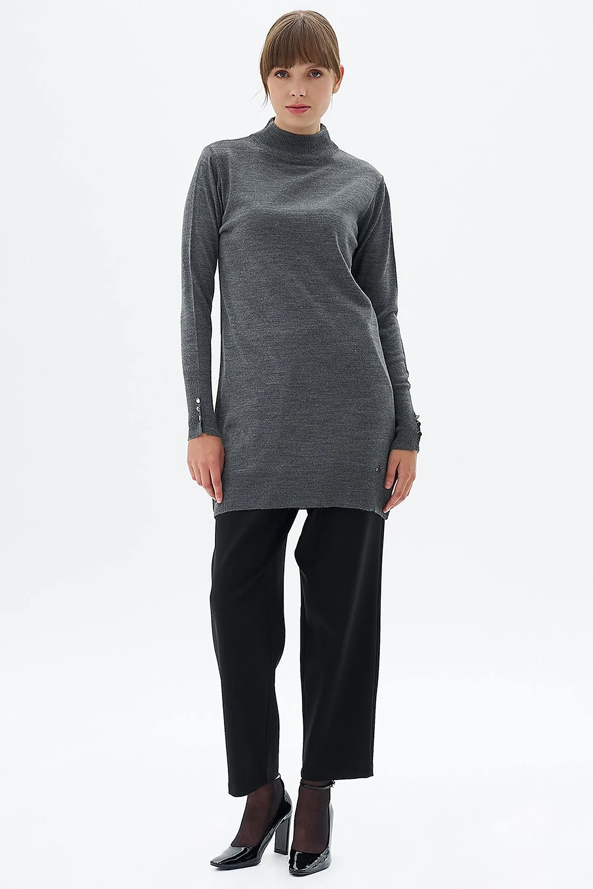 Turtleneck Basic Knit Tunic Anthracite