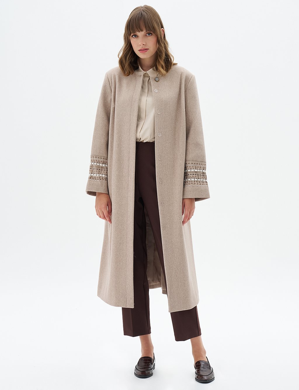 Embroidered Sleeve Cashmere Coat Light Beige