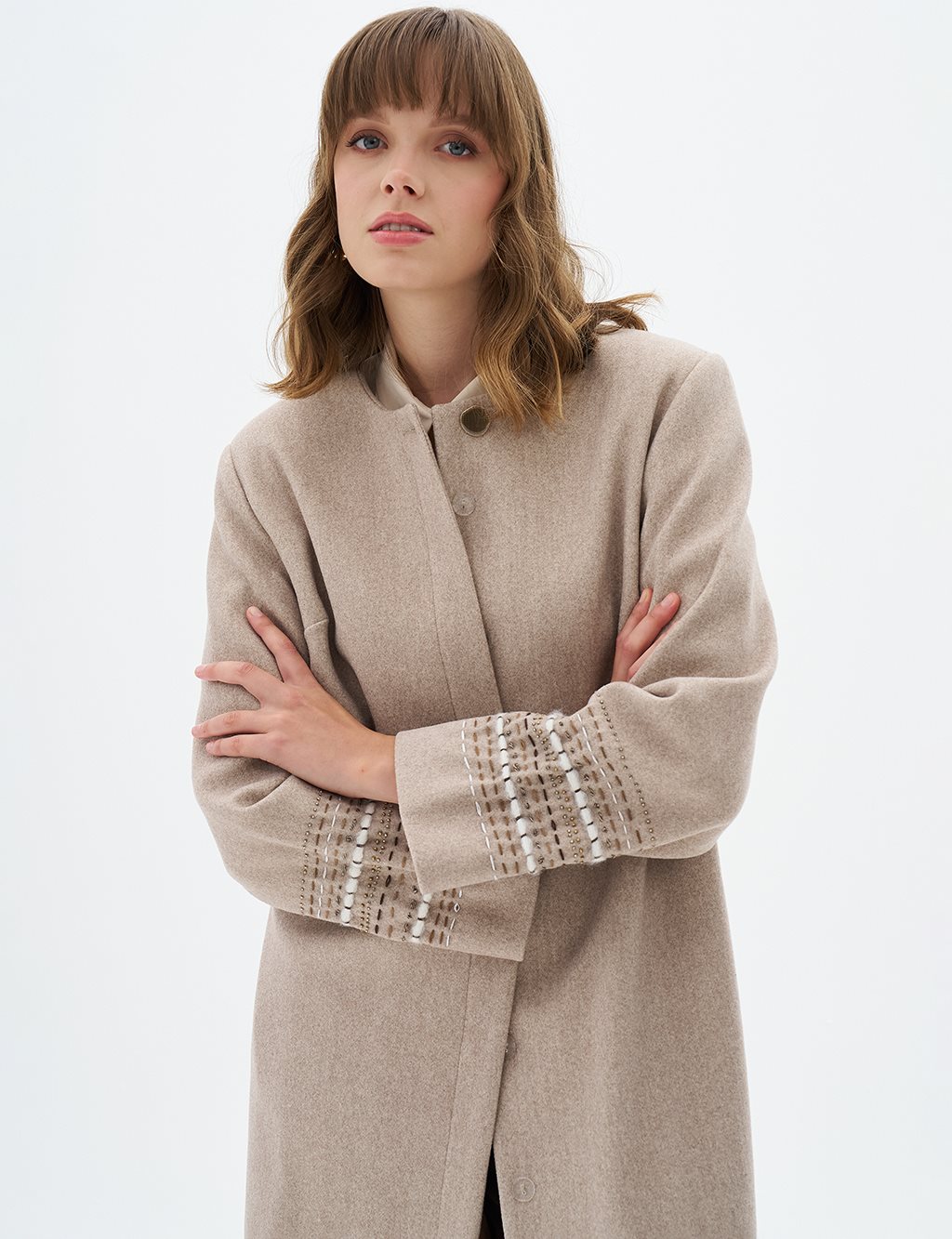 Embroidered Sleeve Cashmere Coat Light Beige