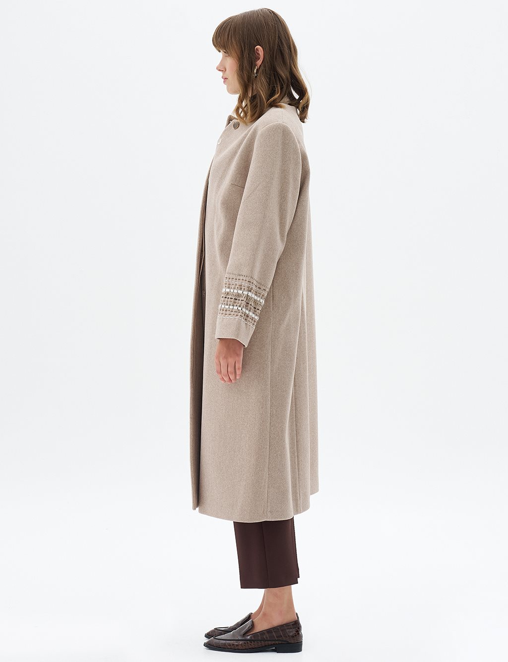 Embroidered Sleeve Cashmere Coat Light Beige