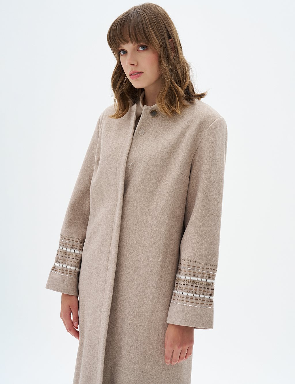 Embroidered Sleeve Cashmere Coat Light Beige