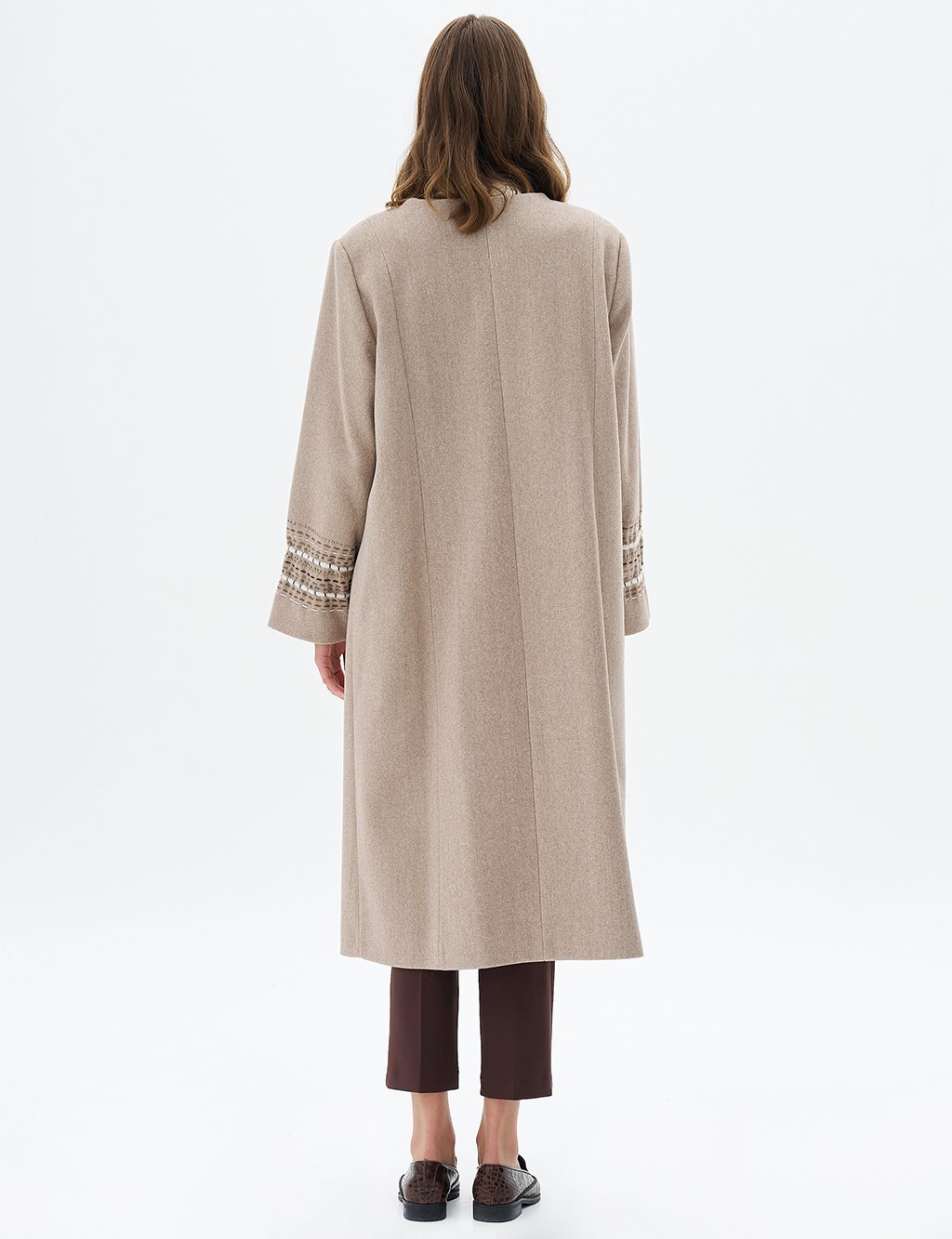 Embroidered Sleeve Cashmere Coat Light Beige