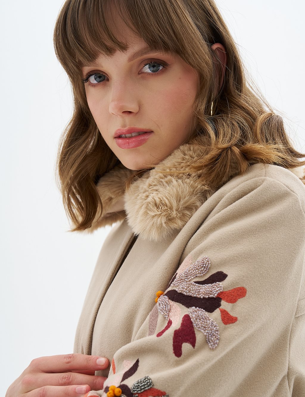 Faux Fur Detailed Embroidered Coat Light Beige