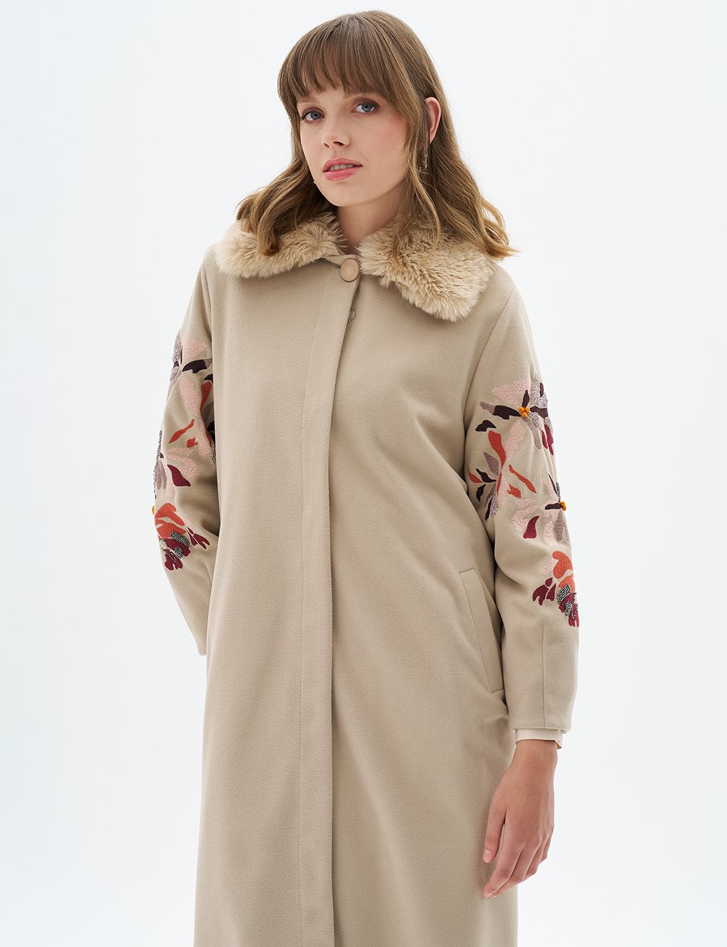 Faux Fur Detailed Embroidered Coat Light Beige