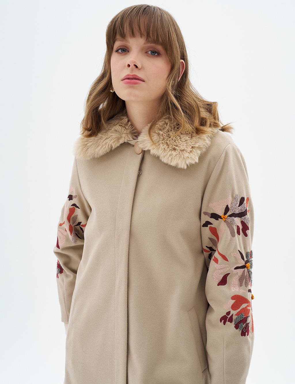 Faux Fur Detailed Embroidered Coat Light Beige