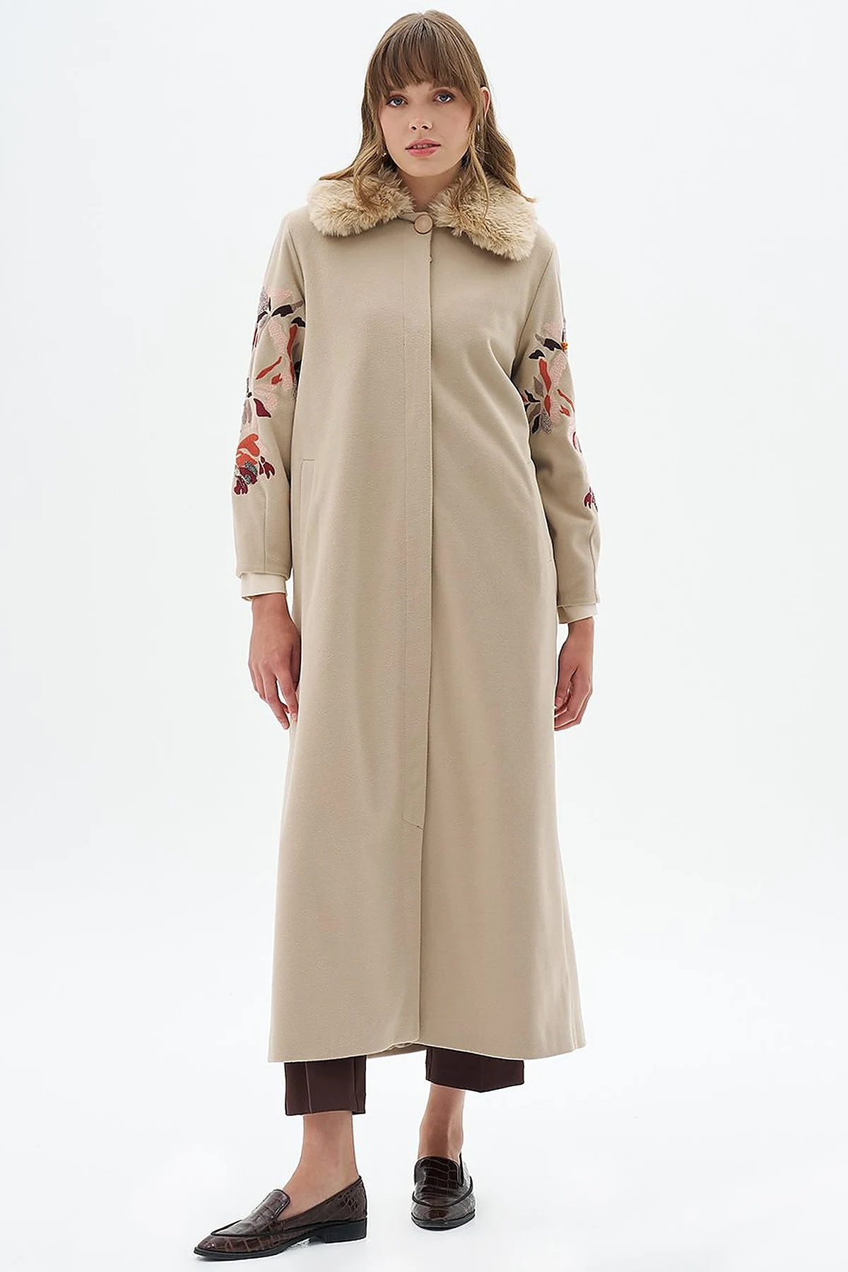 Faux Fur Detailed Embroidered Coat Light Beige