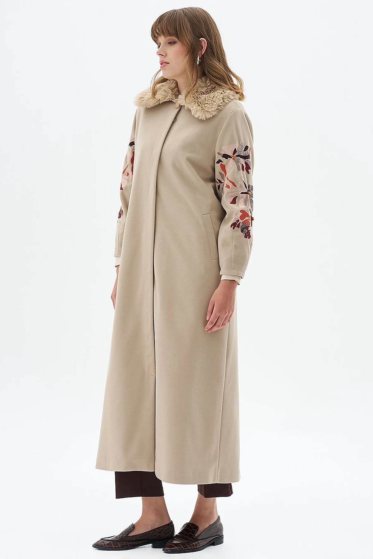 Faux Fur Detailed Embroidered Coat Light Beige