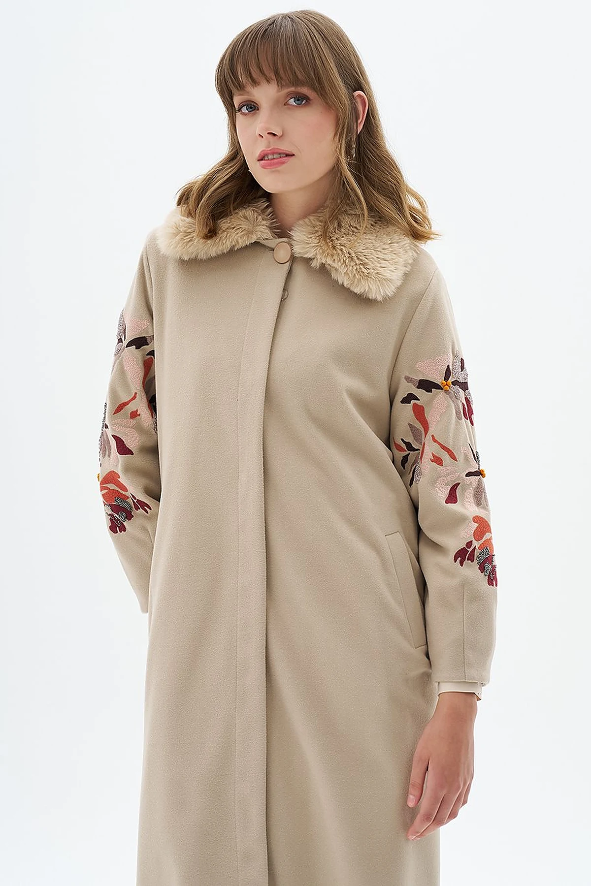 Faux Fur Detailed Embroidered Coat Light Beige