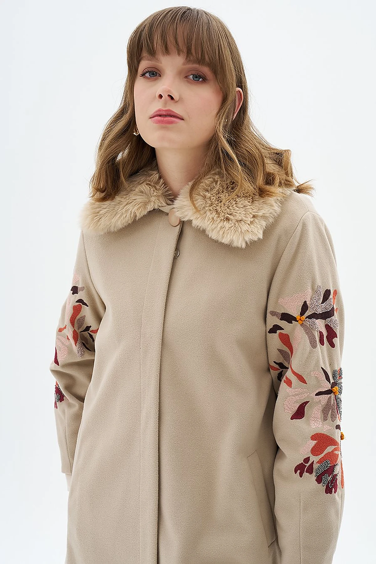 Faux Fur Detailed Embroidered Coat Light Beige