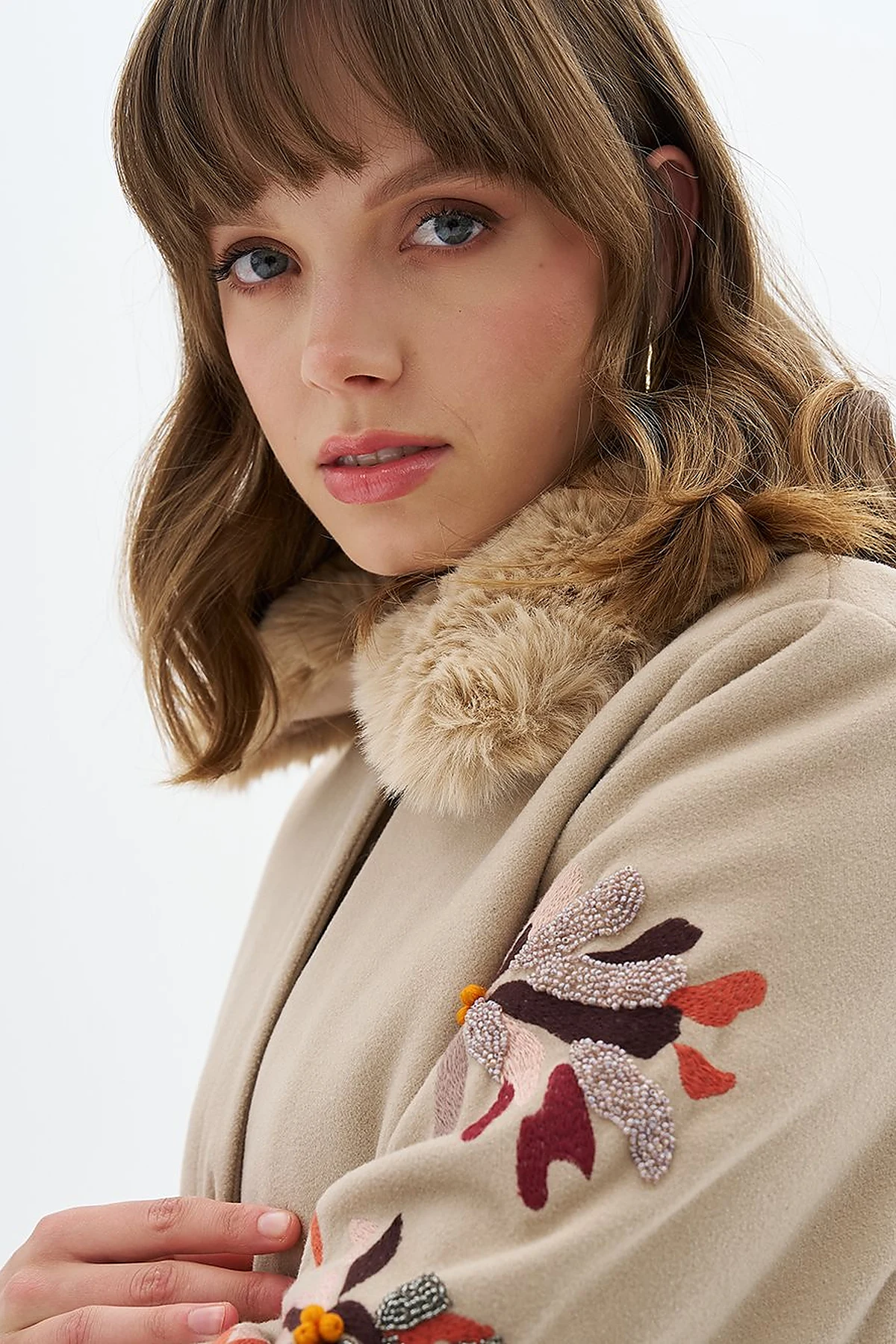 Faux Fur Detailed Embroidered Coat Light Beige