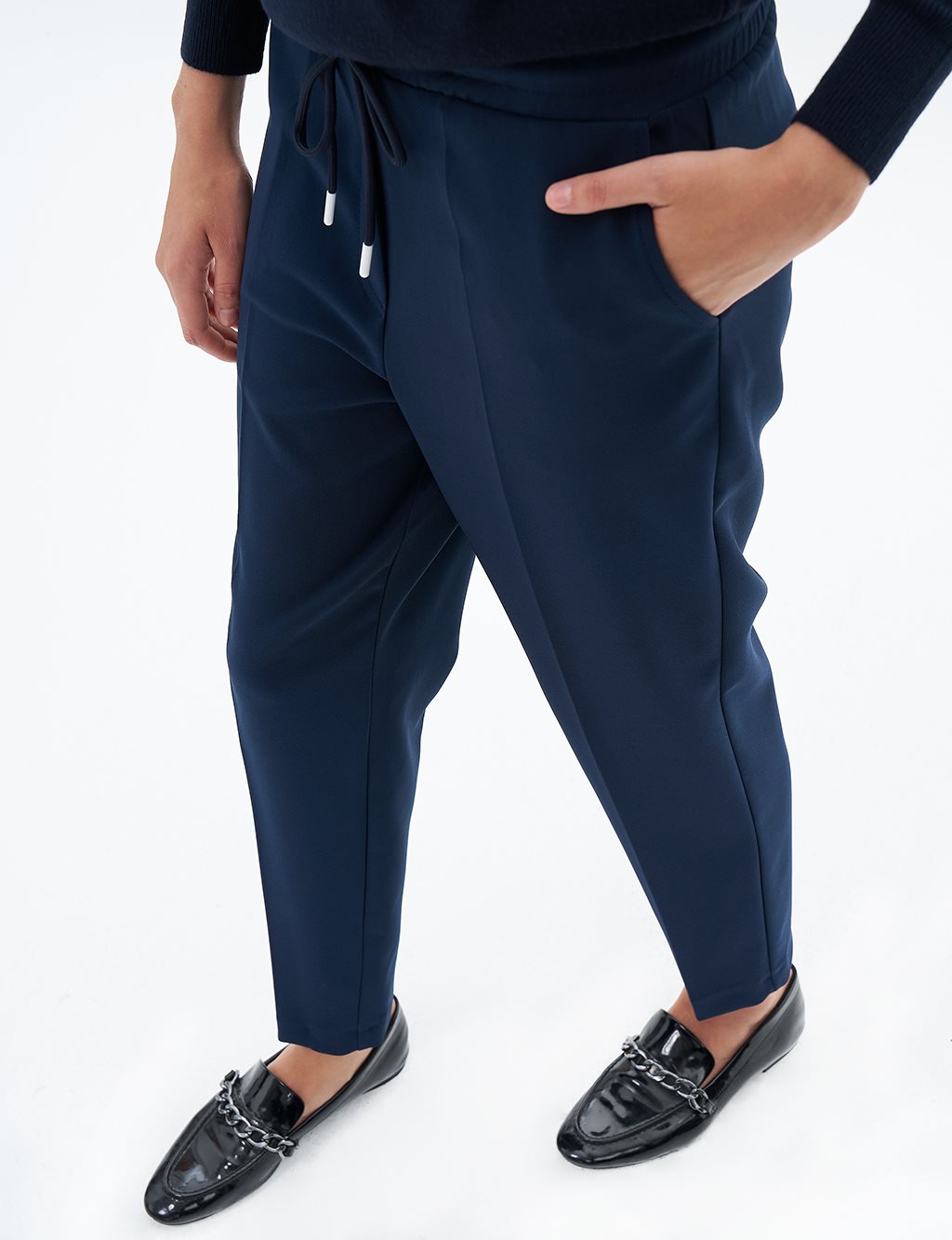 Elastic Waist Carrot Trousers Dark Navy Blue