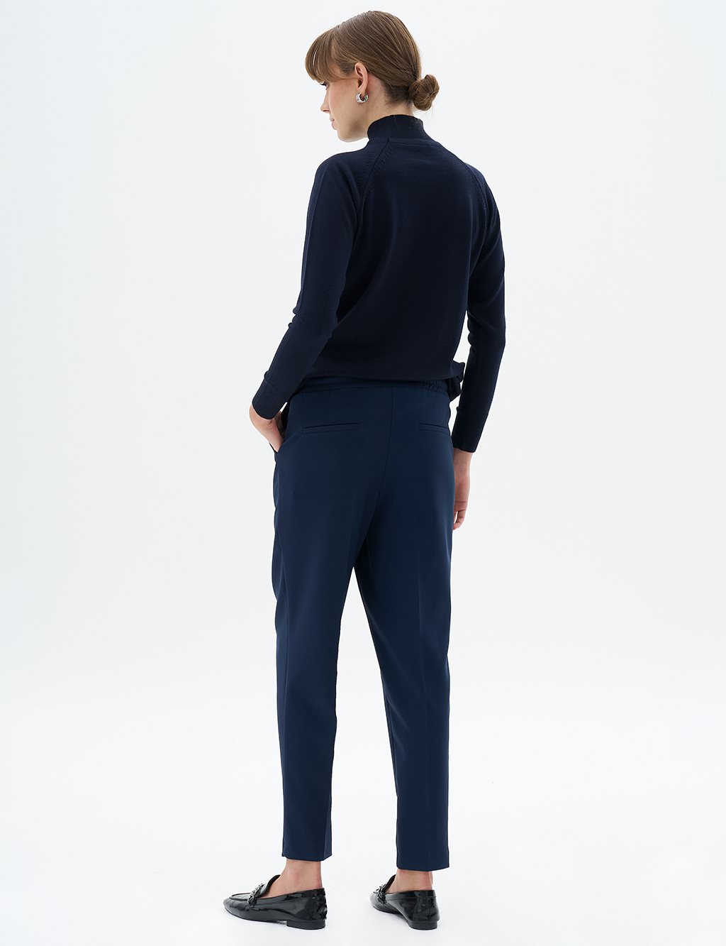 Elastic Waist Carrot Trousers Dark Navy Blue