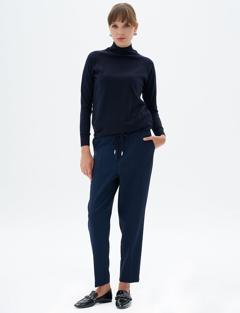 Elastic Waist Carrot Trousers Dark Navy Blue