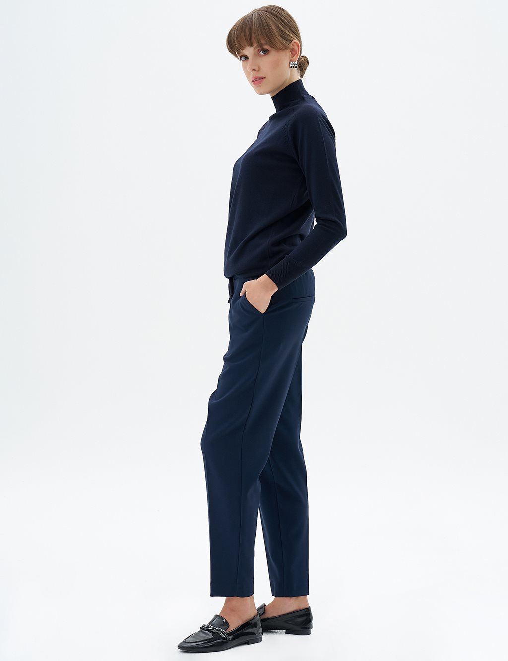 Elastic Waist Carrot Trousers Dark Navy Blue