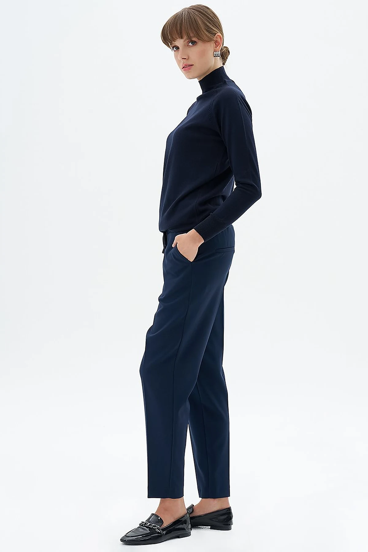 Elasticated Pipe-Leg Pants Dark Navy Blue