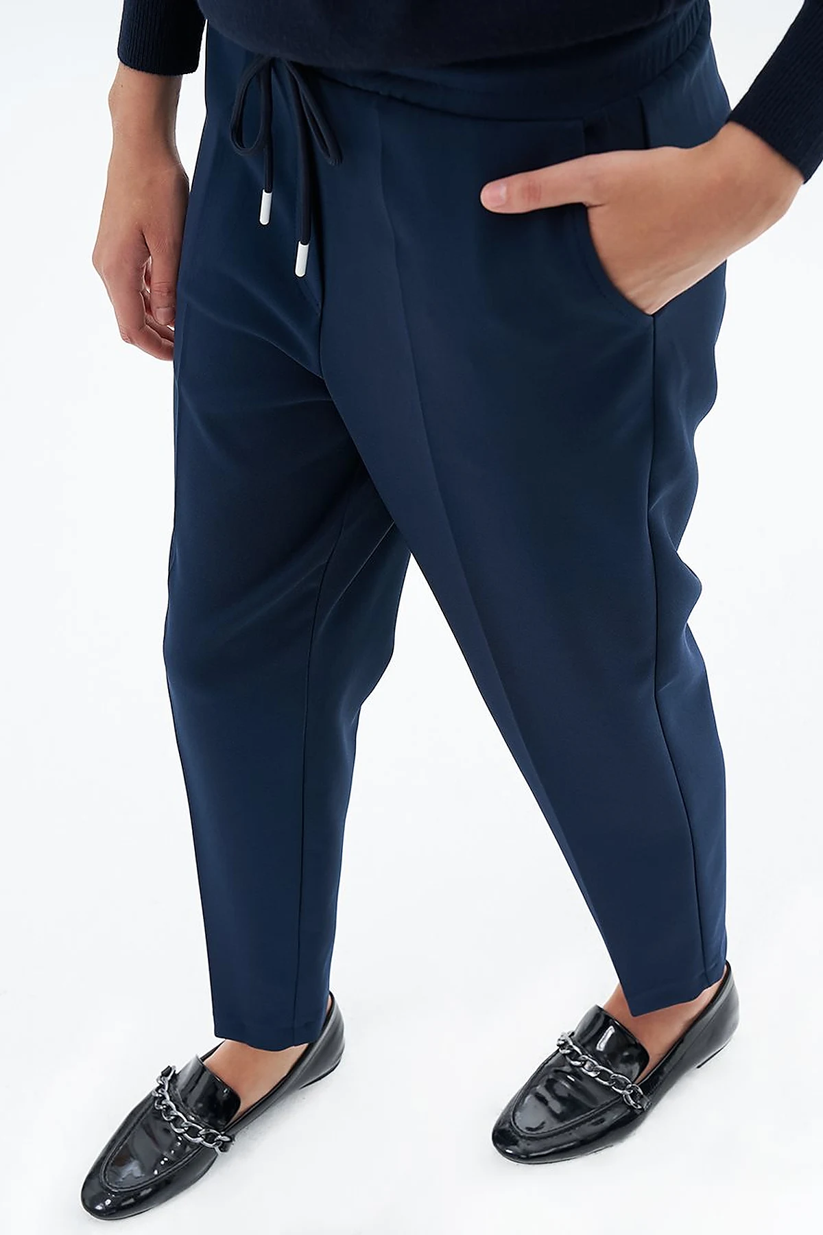 Elasticated Pipe-Leg Pants Dark Navy Blue
