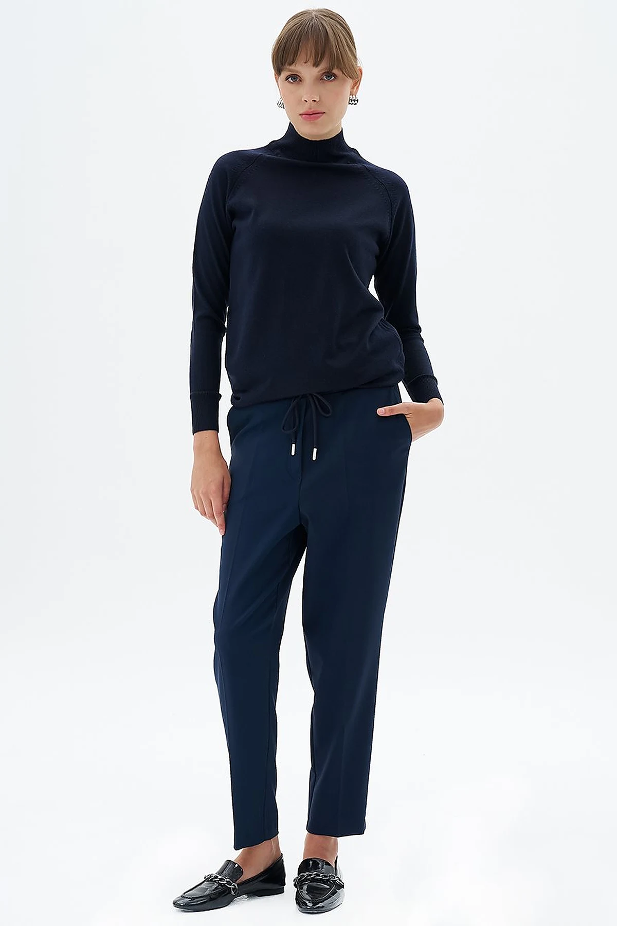 Elasticated Pipe-Leg Pants Dark Navy Blue