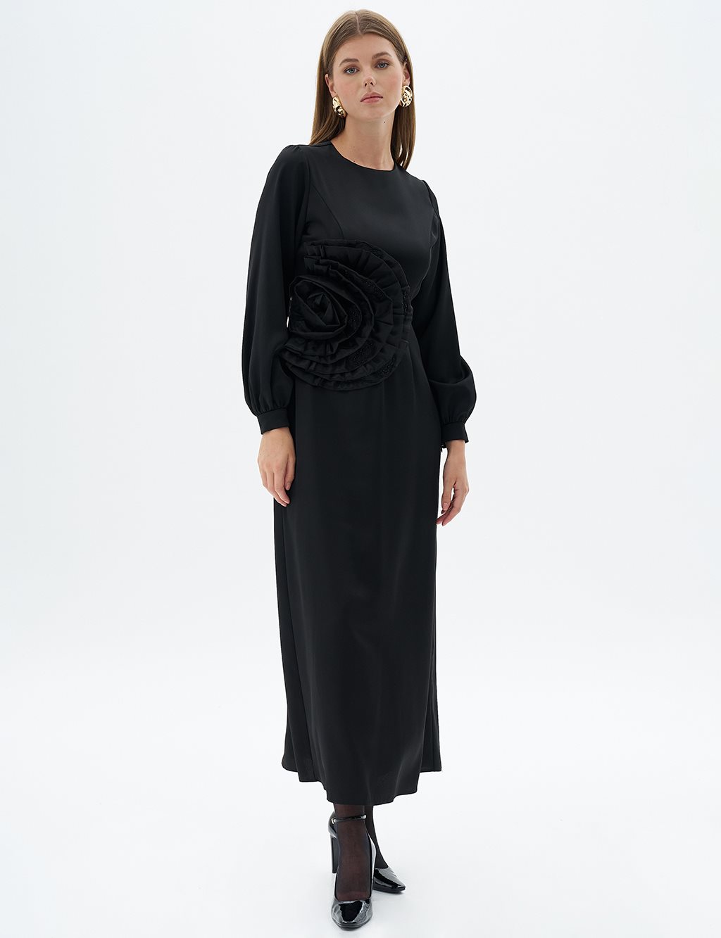 Rose Motif Satin Dress Black