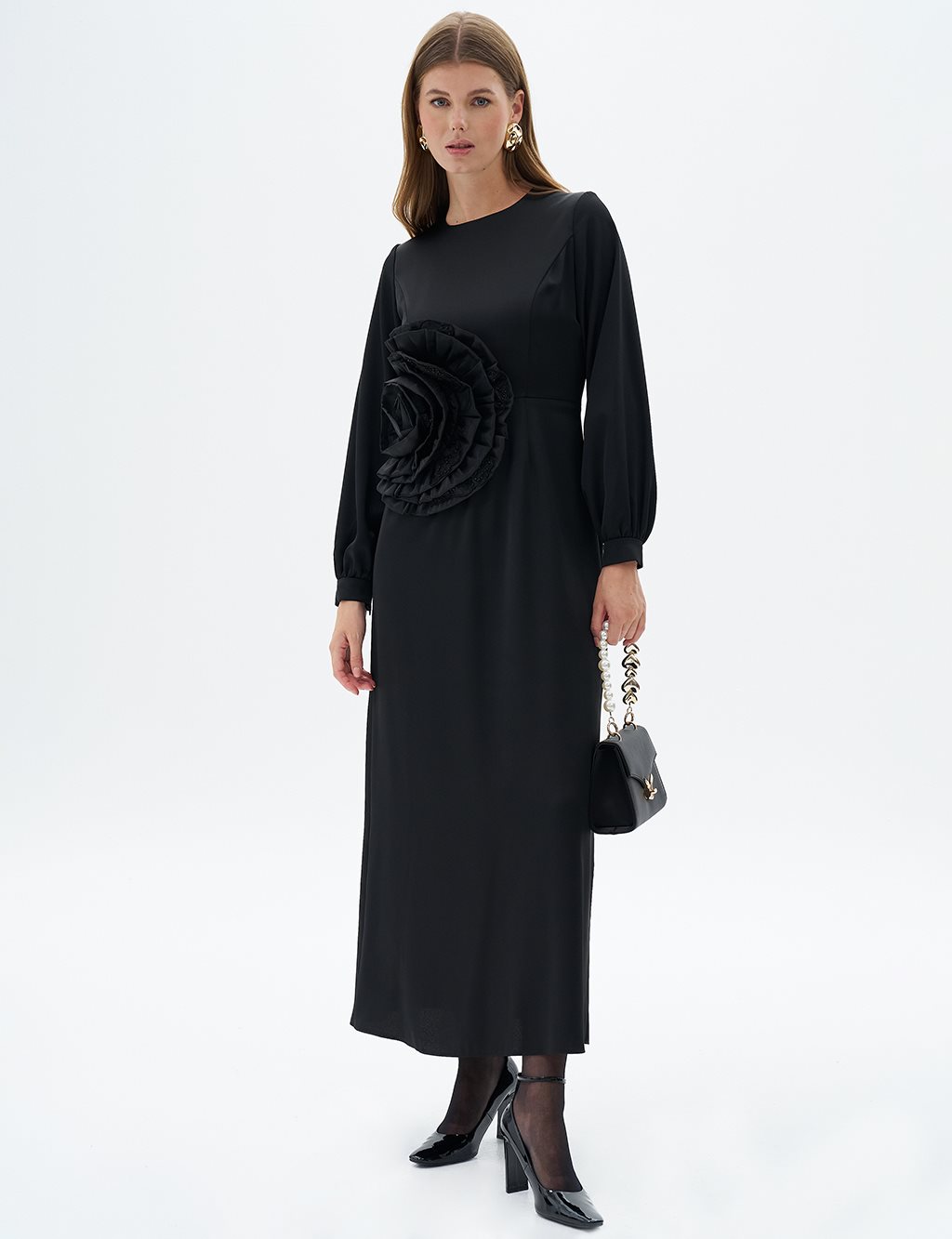 Rose Motif Satin Dress Black