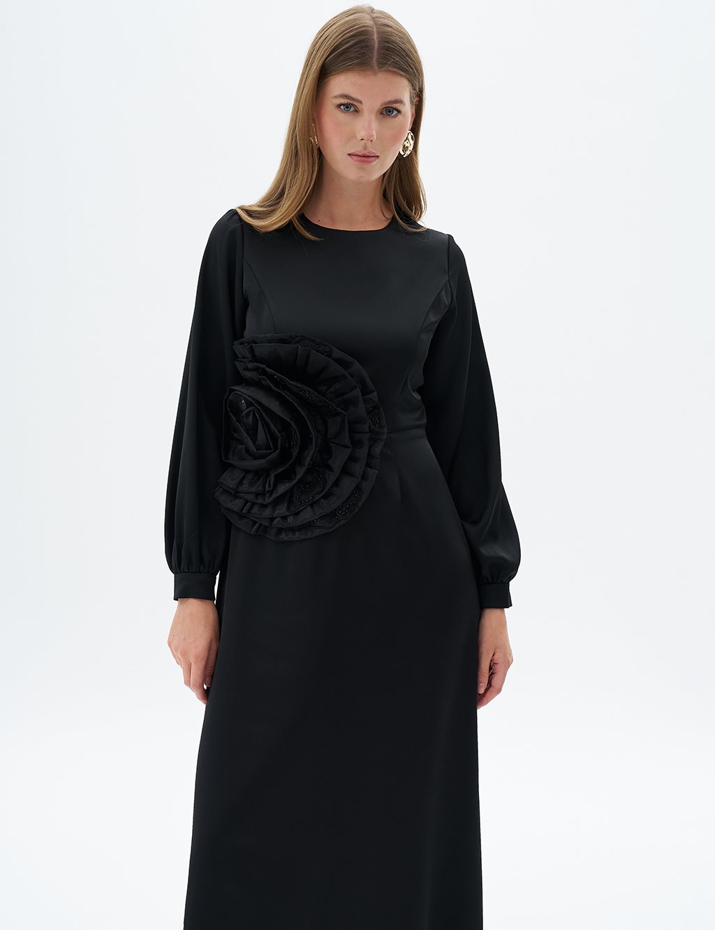 Rose Motif Satin Dress Black