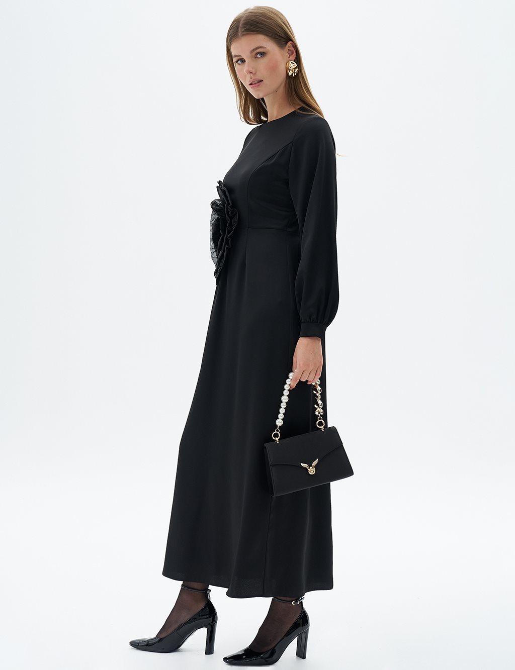 Rose Motif Satin Dress Black