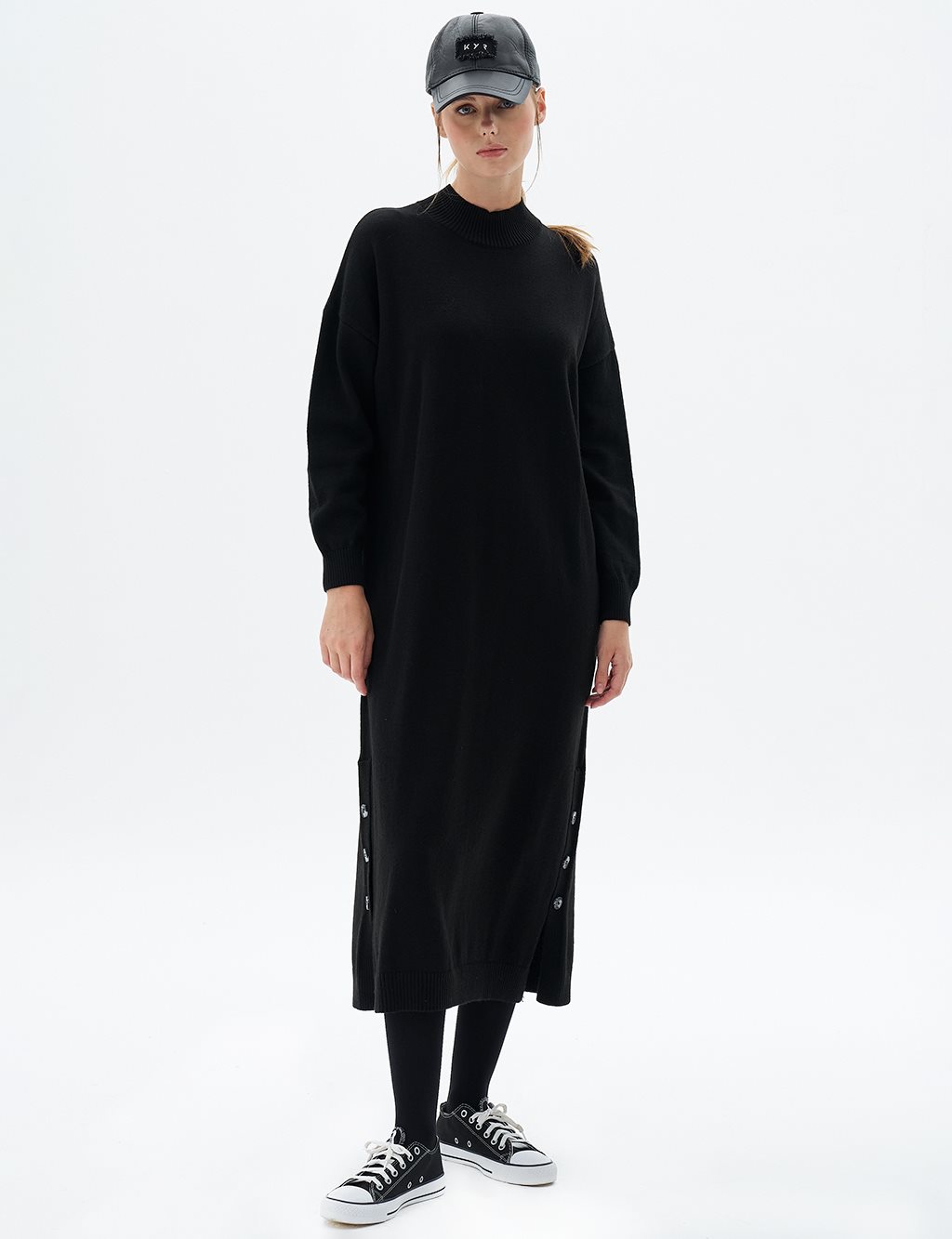 Button Detailed Knit Dress Navy Blue
