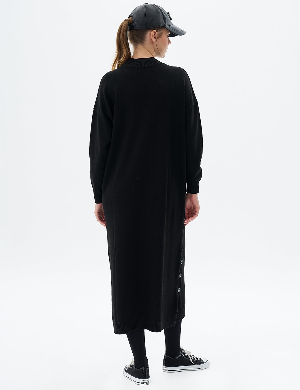 Button Detailed Knit Dress Navy Blue