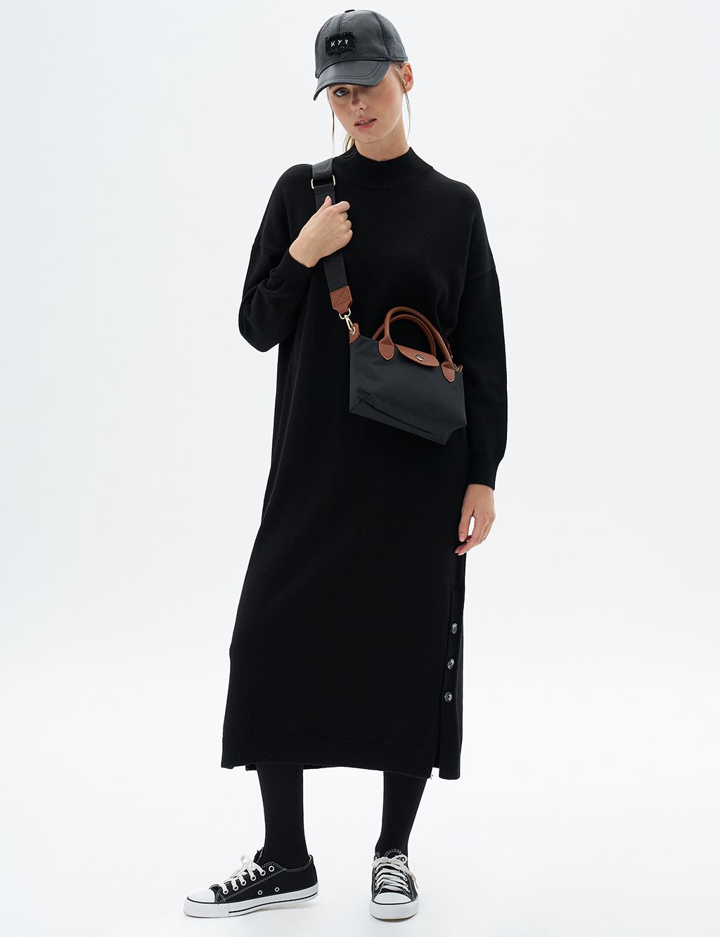 Button Detailed Knit Dress Navy Blue
